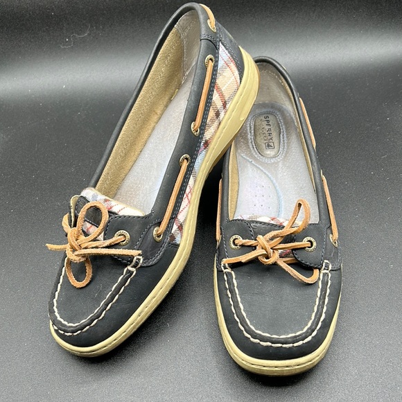 Women's Pre Loved Sperry Top Siders, Navy Leather & Plaid Fabric, SZ 8M - Picture 1 of 15